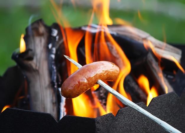 Salchichas a la parrilla para un picnic al aire libre sobre el brasero