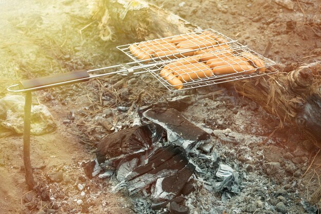 Salchichas a la parrilla en un picnic en la campaña Toned