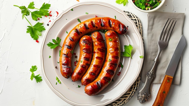 Foto salchichas a la parrilla en un plato con perejil