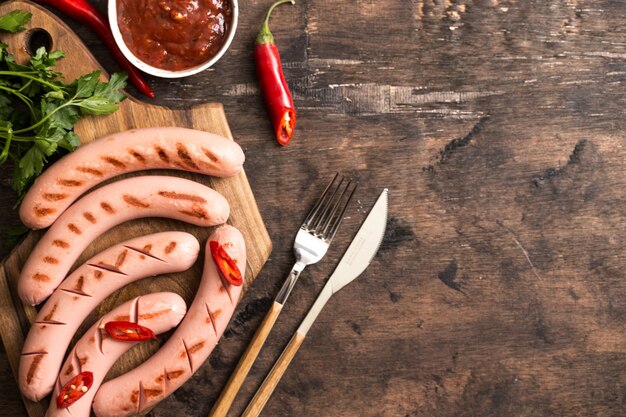 Salchichas a la parrilla con salsa de tomate, hierbas y pimientos picantes