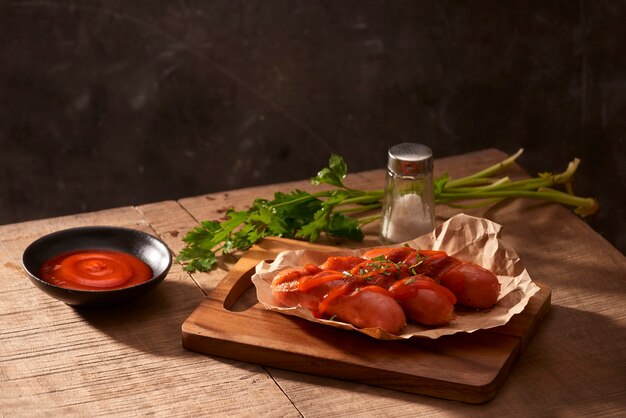 Salchichas a la parrilla con salsa de tomate en una mesa de madera