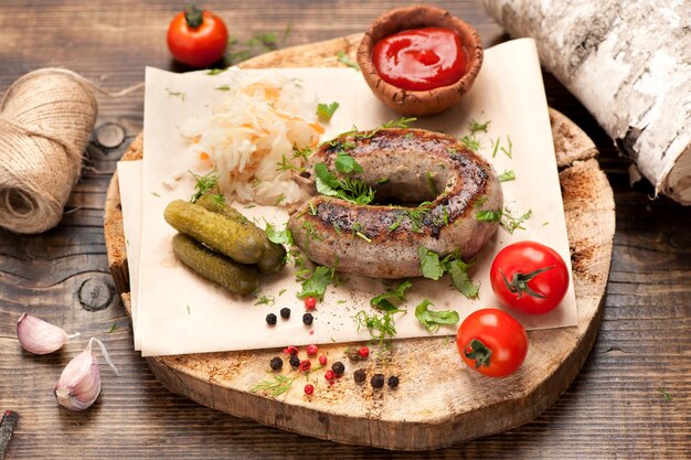 Salchichas a la parrilla en una tabla para servir