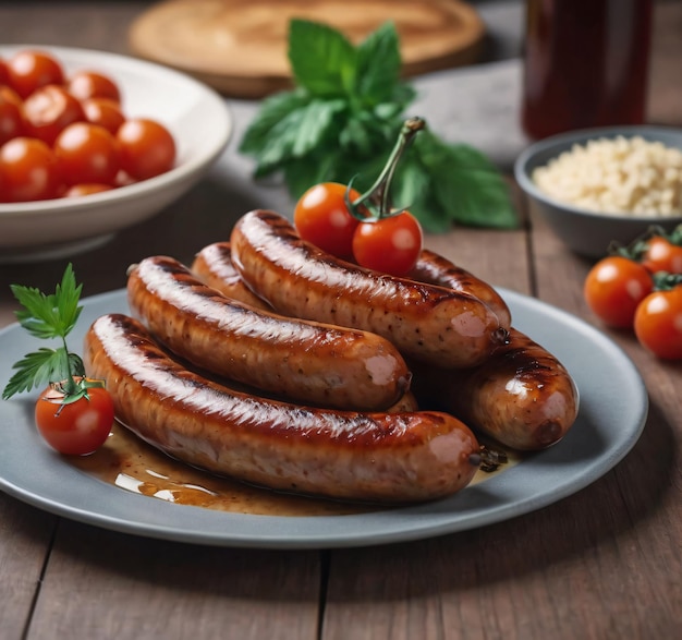 Foto salchichas a la parrilla y tomates vineripe