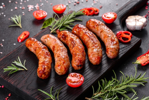 Salchichas a la parrilla con verduras y especias en mesa negra