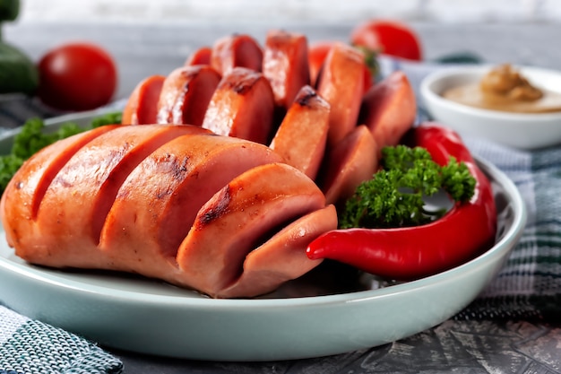 Salchichas a la parrilla con verduras frescas están en el plato.