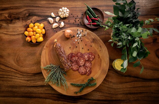 salchichas de pepperoni italianas en una mesa de madera rústica con ingredientes naturales