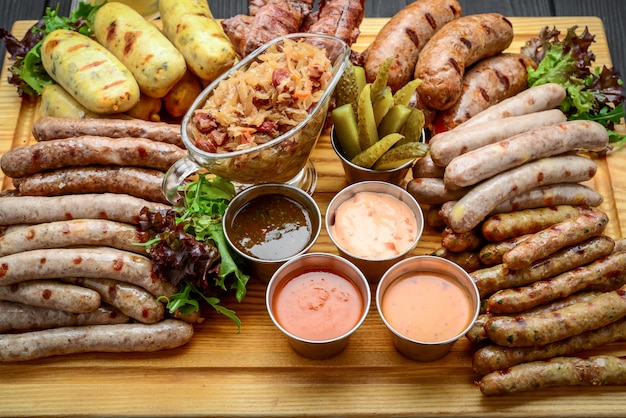 Salchichas a la plancha con cerveza en una mesa de madera