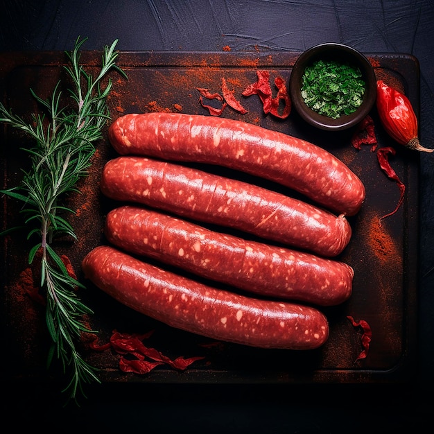 Foto salchichas recién preparadas para freír en pieles con hierbas en un tablero salchicha casera cruda