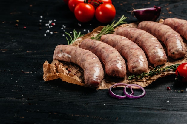 Salchichas rellenas crudas en sartén Salchichas en utensilios de cocina Salchichas para asar menú de banner lugar de recetas para vista superior de texto