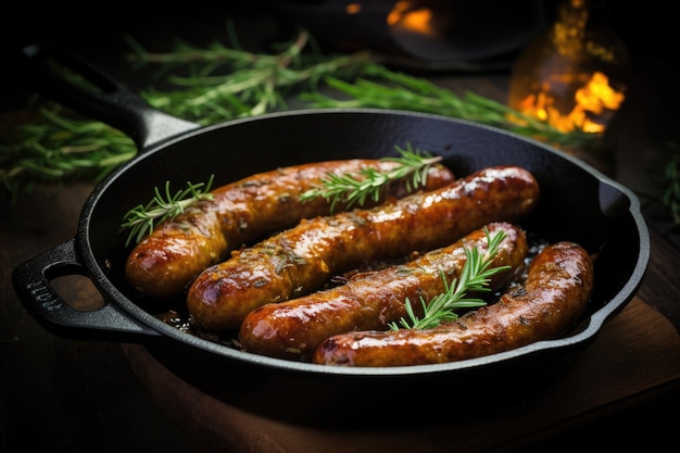 Foto salchichas vegetarianas hechas con cebolla al romero al horno en sartén de hierro fundido