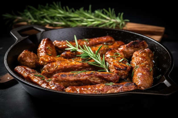 Foto salchichas vegetarianas hechas con cebolla al romero al horno en sartén de hierro fundido