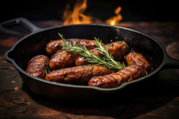 Foto salchichas vegetarianas y veganas cocinadas en una sartén de hierro fundido con romero y cebolla