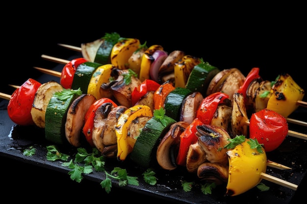 Salchichas de verduras a la parrilla en una pizarra oscura