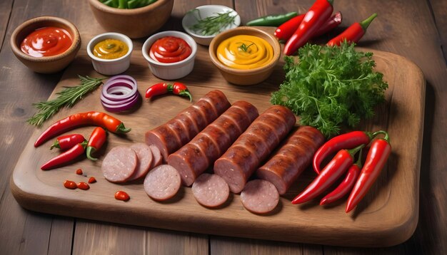 Salchichas y verduras en rodajas en una tabla de madera rústica