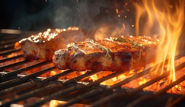 salen llamas de la parrilla y la carne