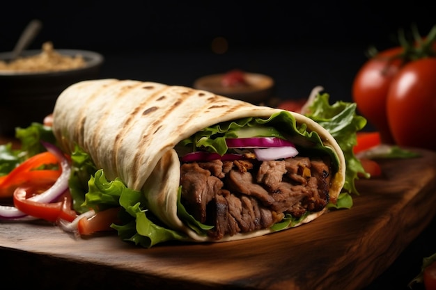 Salgado Doner de Carne Grelhada ou Shawarma Wrap Roll Spicy Generative AI