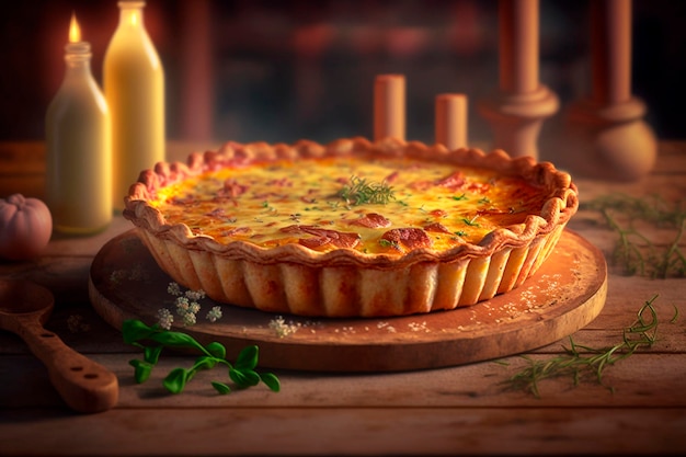 Salgado e clássico Quiche Lorraine com ovos de presunto e queijo Gruyere em uma crosta crocante