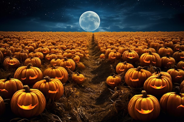 La salida de la luna sobre un campo de calabazas