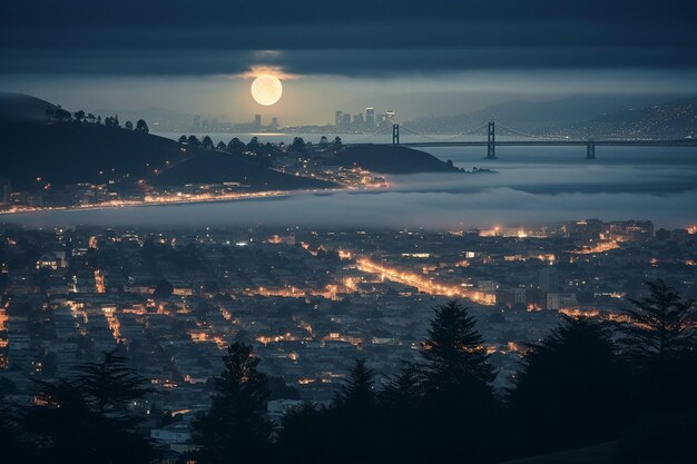 La salida de la luna sobre un paisaje urbano nebuloso