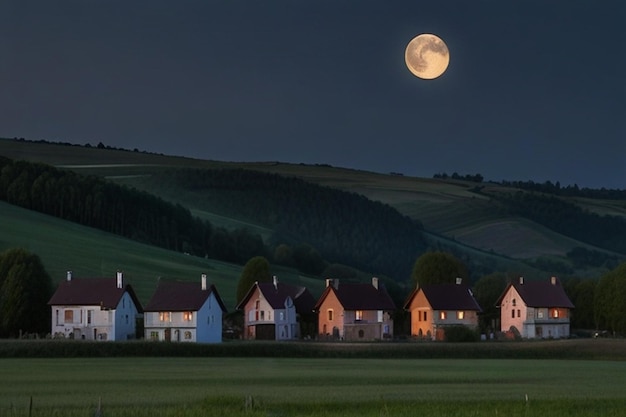 La salida de la luna sobre un pintoresco pueblo