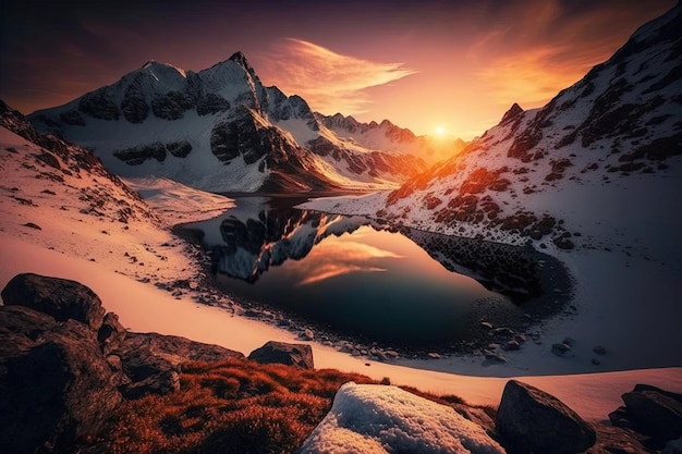 Salida del sol escénica en las altas montañas de los alpes