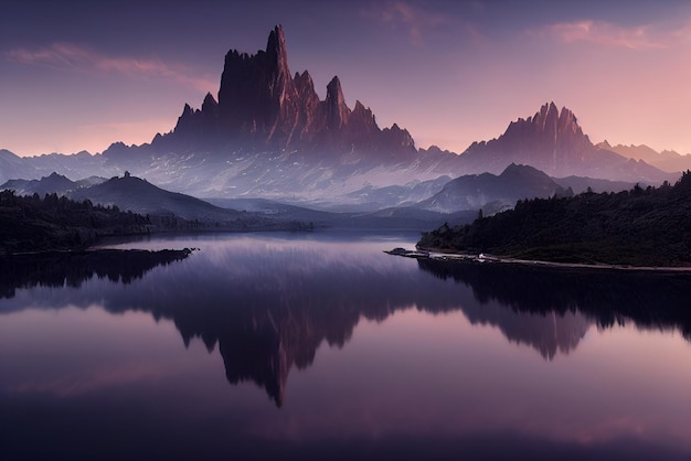 Salida del sol en las montañas Vista de verano colorido de un lago. Escena brillante de la mañana de la montaña