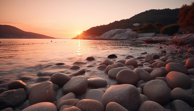 Salida del sol sobre aguas tranquilas, la belleza de la naturaleza brilla generada por IA