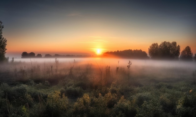 Salida del sol sobre un campo con niebla en el fondo