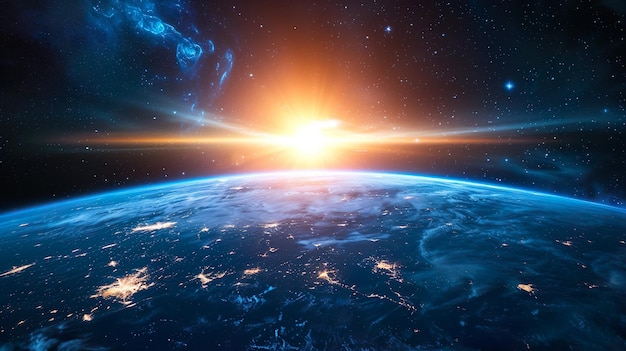 Salida del sol sobre el concepto del planeta Tierra con un sol brillante y una llamarada y luces panorámicas de la ciudad