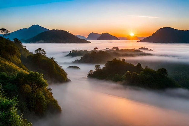 Salida del sol sobre las montañas y las nubes