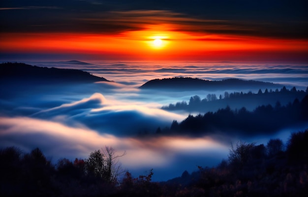 Salida del sol sobre las nubes por encima de la niebla y la niebla