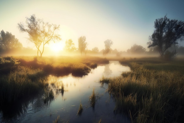 Salida del sol sobre el río en la niebla de la mañana Paisaje