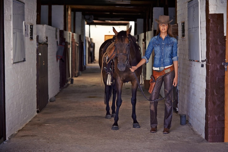 Foto salir a atrapar a un forajido toma de una vaquera sacando un caballo de un establo
