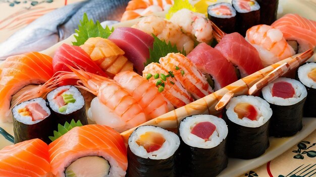 Salmão, atum, camarão e outras carnes Sushi maki