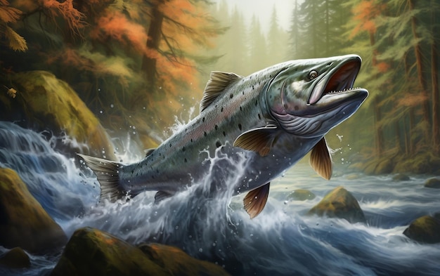 Salmão Chinook saltando Peixes selvagens voando das águas dos rios Inteligência Artificial Geradora