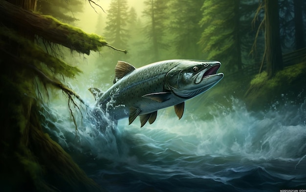 Salmão Chinook saltando Peixes selvagens voando das águas dos rios Inteligência Artificial Geradora