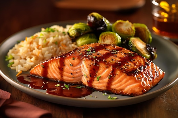 salmão com arroz e legumes num prato