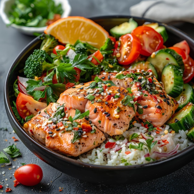 Foto salmão com arroz e legumes