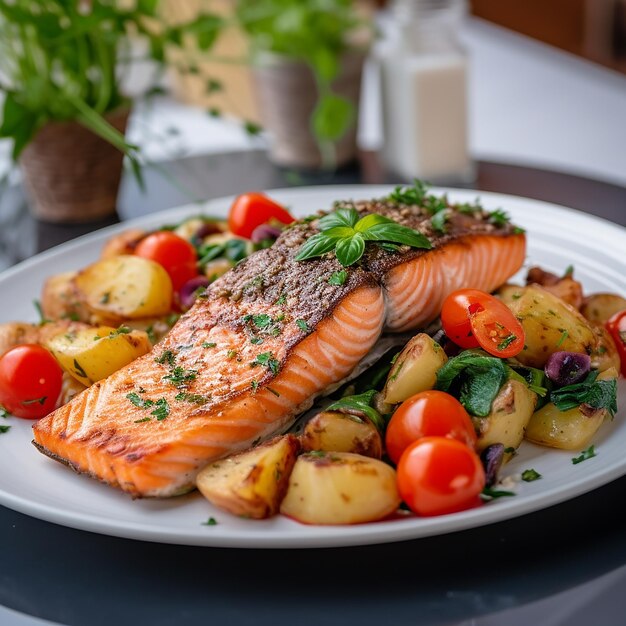 Salmão com espinafre e batatas em um prato