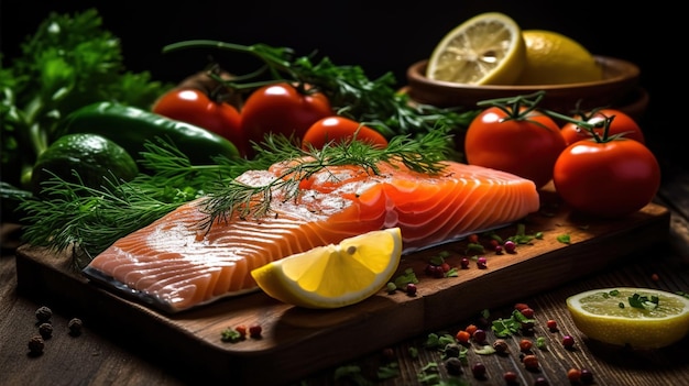 salmão com legumes na mesa de madeira