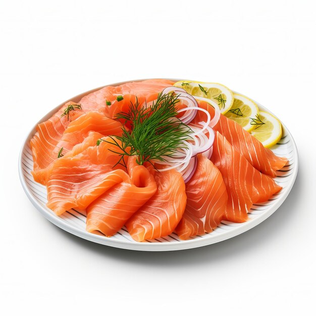 Salmão com limão Um prato de Lox Isolado em um fundo branco