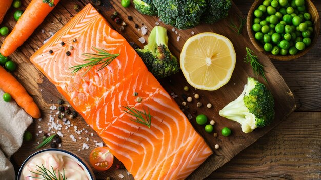 Foto salmão cozido ao vapor com vegetais assados e maionese de limão