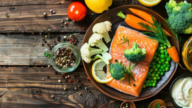 Salmão cozido ao vapor com vegetais assados e maionese de limão