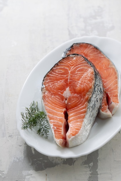 Salmão cru com endro no prato branco sobre fundo de cerâmica