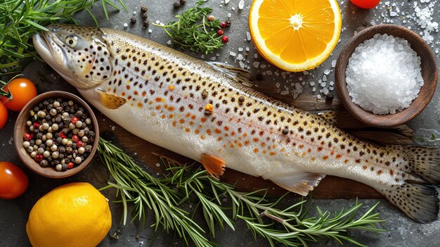 Salmão cru fresco peixe vermelho com especiarias limão pimenta romário em fundo de pedra escura