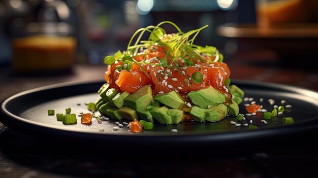 Salmão de abacate Proteína tartar e gorduras saudáveis num prato Ilustração de alta qualidade