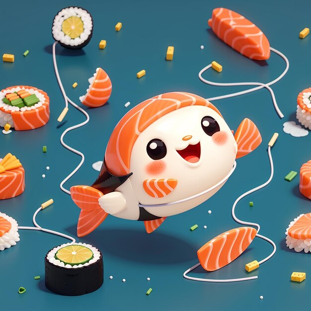 Salmão de sushi bonito jogando corda de salto ícone de desenho animado vetor ilustração de comida ícone de esporte isolado plano