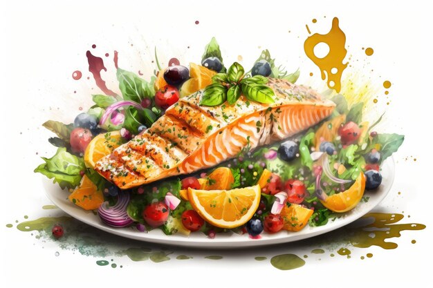 Salmão e salada de legumes grelhados