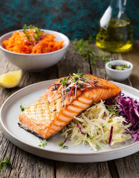 salmão em um prato com salada de repolho