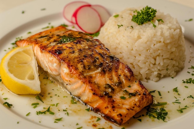 Salmão frito com arroz e rabanete